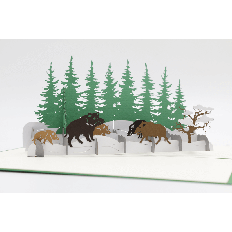 Pop-Up Karte "Wildschwein-Rotte Winterwald"