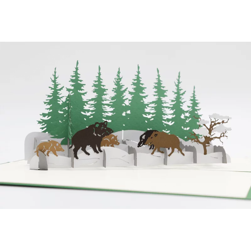 Pop-Up Karte "Wildschwein-Rotte Winterwald"